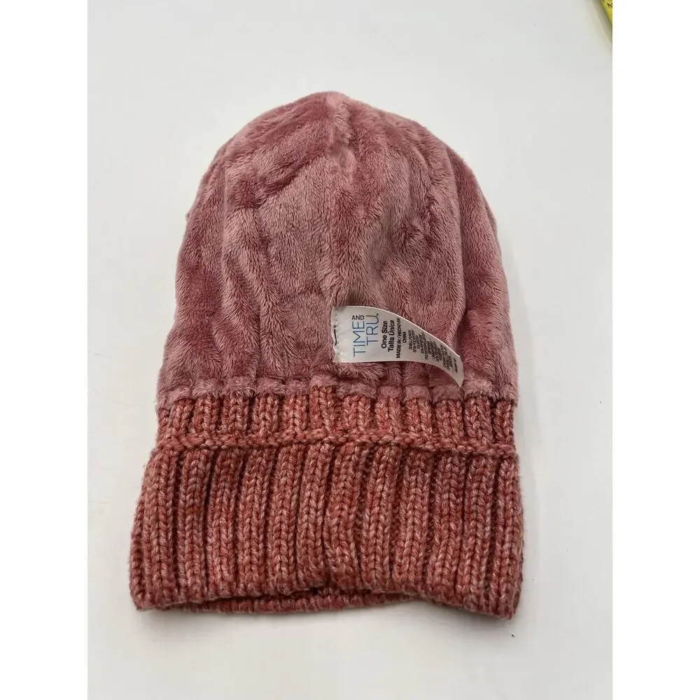 Time and Tru Pink Faux Fur Lined Knit Beanie Hat One Size Women’s Winter